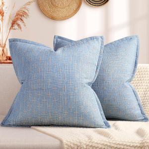 ZWJD Pillow Covers 18x18 Set of 2 Soft Polyester Textured Pillow Covers with Stylish Flange Edge Cozy Farmhouse Throw Pillows for Couch Bed Sofa Living Room (18" x 18" (Pack of 2), Blue)