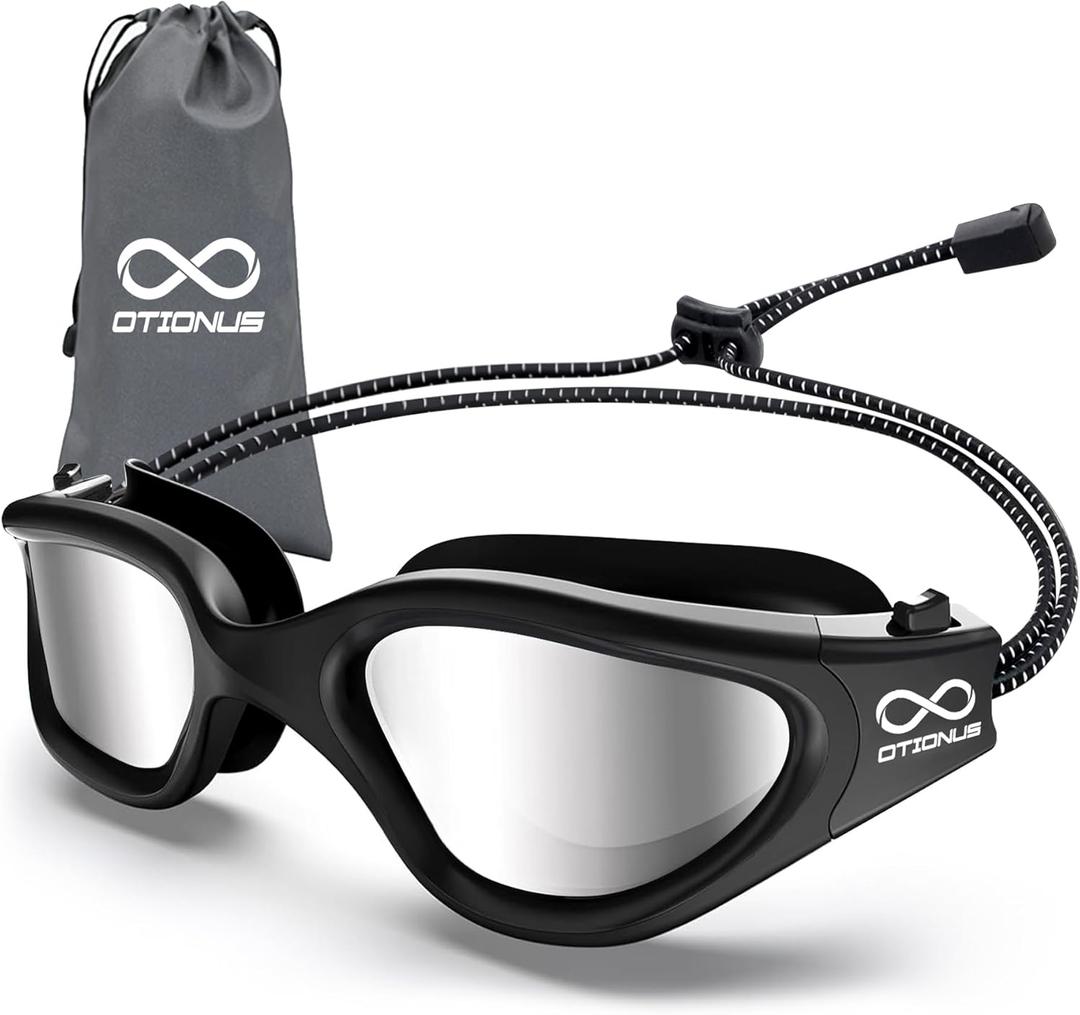 Swim Goggles, Polarized Adult Swimming Goggles Bungee Strap No Hair Pulling Anti-fog Pool Goggles for Men Women (09-black/Silver)