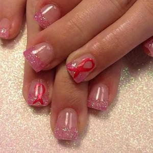 Pink French Tip Fake Nails - 24 Pcs, Short Square Shape, Pink Ribbon Designs, Glitter, Full Cover, Glossy Finish, Glue On, Acrylic Nails for Women & Girls (s29)