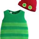 Baby Caterpillar Costume Infant Girl Boy Halloween Costume Sleeveless Hungry Romper with Hat Cosplay Party Outfit (6-12 Months, Green)