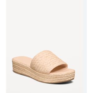 Old Navy Womens Platform Slides Sandals Square Open Toe Slip On Elastic Band Casual Lightweight Wedge Shoes (9, Beige)