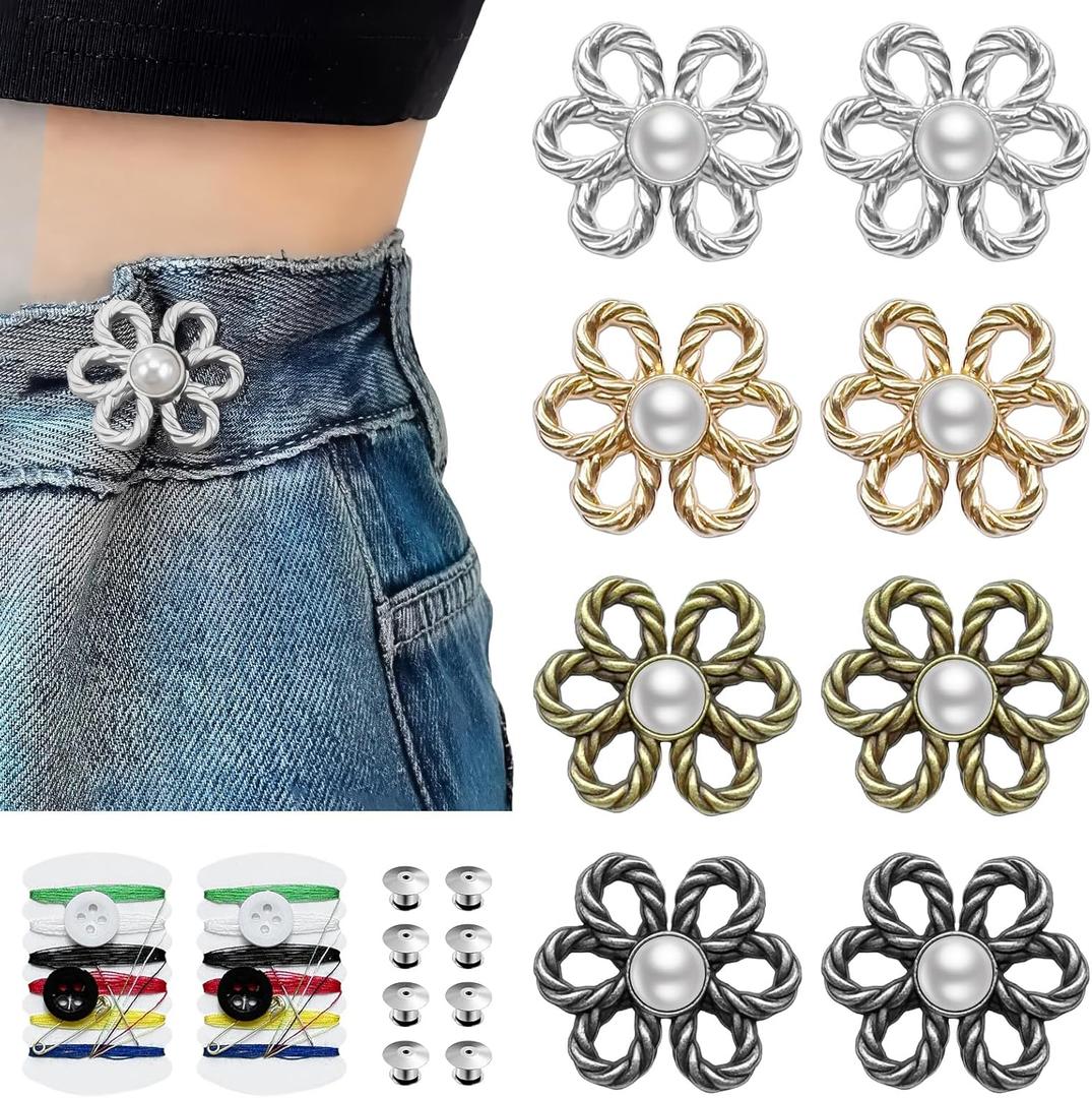 8 Sets Flower Pant Waist Tightener, Adjustable Jean Buttons for Loose Jeans, Waist Cincher Clip for Pants Women, Pants, Skirts, Sleeves
