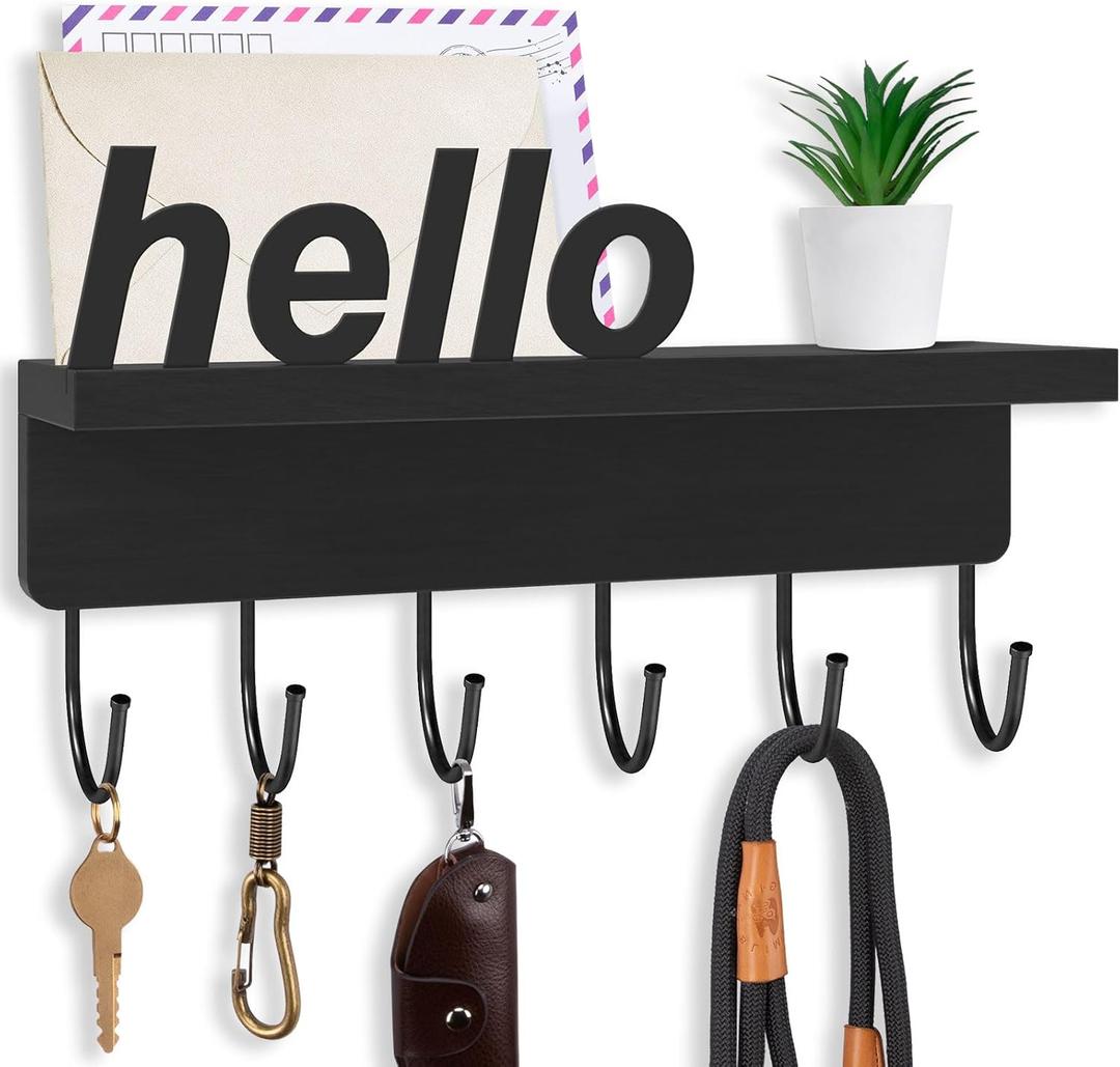 Key Holder for Wall, Decorative Mail Holder with Shelf, Entryway Organizer, Key Hanger Rustic Farmhouse Home Decor (9.8" W x 5.7" H x 2.7" D) Black
