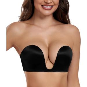 HACI Women's Plunge Deep U Strapless Bra Push Up Demi Underwire (Black,38C)