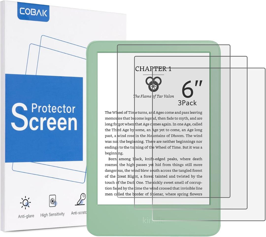 CoBak 3 Pack Matte Tempered Glass Screen Protector for 6" Kindle 2024 and 2022 (11 Generation), Kobo Nia, and PocketBook - Fingerprint Resistance, Anti-Bubble 9H Hardness Film