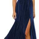 Sissyaki Women's Retro V-Neck Velvet Maxi Dress Wedding Guest Formal Party Long Dresses (Blue, M)