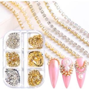 2 x Metal Nail Art Chains Decorations, Gold Silver Nail Art Line Accessories, Punk Luxury Pearl Gem Nail Art Glitter Design, 3D Nail Art Chain Supplies for Women Manicure Art, Resin Nail Art Tips Tools