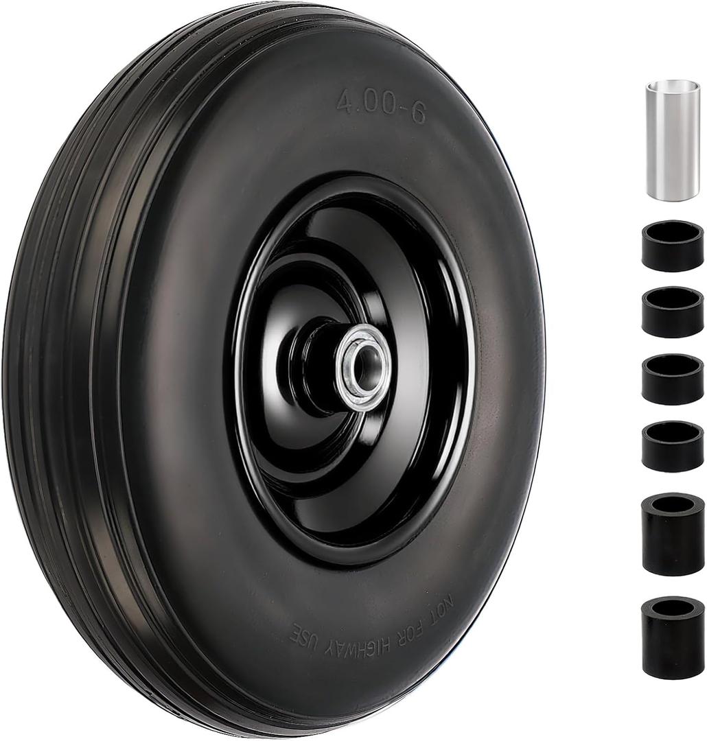 RRQ 4.00-6 Flat Free Tire and Wheel, 13" Solid Wheelbarrow Tire with 1.75" Centered Hub and 3/4" Bearings(Comes with 5/8" ID Iron Tube Adapter), for Garden Cart, Trolley, Wheelbarrow Wheel Replacement