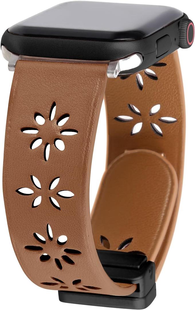Leather Bands Compatible with Apple Watch, Magnetic Buckle Lace Beaded Handmade Strap for Women iWatch Ultra SE Series 10 9 8 7 6 5 4 3 2 1 (Light Brown), Size: 38/40/41mm