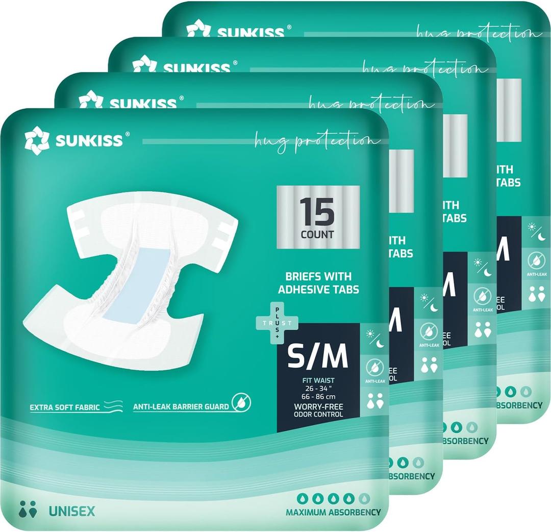 SUNKISS TrustPlus Adult Diapers with Maximum Absorbency, Disposable Incontinence Briefs with Tabs for Men and Women, Maximum Overnight Absorbency, Small/Medium, 60 Count (4 Packs of 15) (Small/Medium (Pack of 60))
