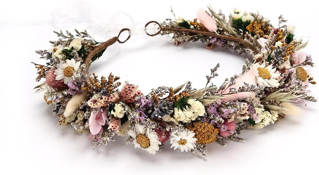 Rustic Preserved Dried Flower Crown Natural Floral Headband with Daisy Cream Mixed Flowers for Women Maternity Brides Bridesmaids Flower Girls Family Photography