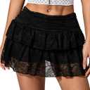 SHENHE Women's Y2k Lace Layered Mini Skirt Ruched A Line Cute Tiered Ruffle Skirt L
