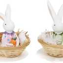 Easter Bunny Resin Decor Set of 2  Cute Rabbit Figurines in Basket with Eggs, Spring Easter Table Decorations for Home, Farmhouse, Office & Party Centerpiece Tiered Tray Shelf Mantel