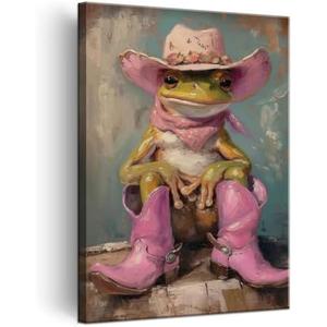 Funny Frog with Cowgirl Hat Boots Canvas Wall Art Eclectic Pink Preppy Frog Poster Print Trendy Cute Animal Wall Decor Pictures Funky Maximalist Girly Home Dorm Decoration 12x16in