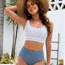 BMJL Women's High Waisted Bikini Sets Sporty Two Piece Swimsuits Color Block Cheeky High Cut Bathing Suits(M,Blue Striped)