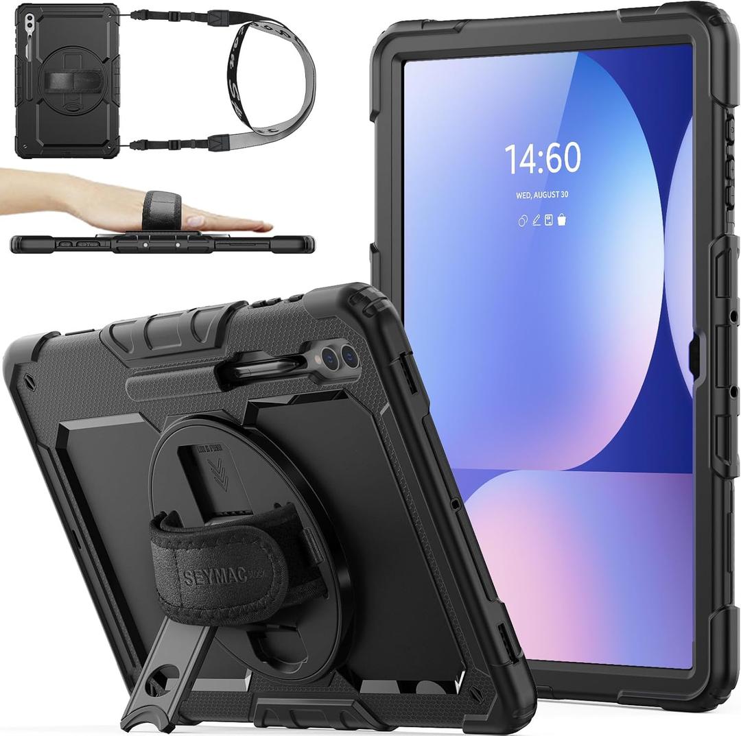 SEYMAC stock Case for Samsung Galaxy Tab S10 Ultra / S9 Ultra Tablet Case 14.6'' Protective with Screen Protector, Pen Holder, 360 Rotate Stand, Hand Strap, Shoulder Strap, Black1 | with Screen Protector