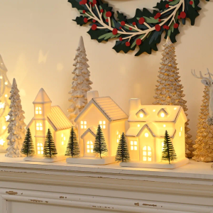 Ceramic White Christmas Village Houses, 3Pcs Light Up Small Porcelain Village House with 6Pcs Christmas Trees, LED Lighted Tabletop House Figurines for Home Decor, Winter Holiday DIY, Gift