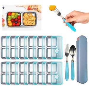 12 Pack Stainless Steel Snack Containers with Silicone Lids, Grab and Go Stainless Steel Double Compartment Lunch Box Reusable Home, Travel With 100PCS Mini Bamboo Forks