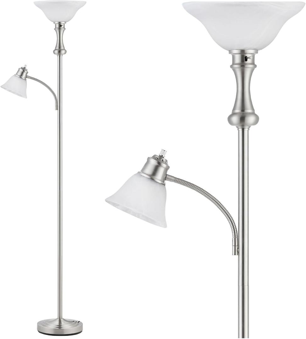 71'' Floor Lamps for Living Room, Tall Floor Lamp for Bedroom with Adjustable Angle Arc Reading lamp, Modern Torchiere Standing lamp with Glass Shade, Knob Switch, Bulb Included, Silver