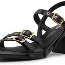 PIZZ ANNU Women's Allegra Low Block Heels Sandals Chunky Strappy Square Open Toe Ankle Strap Buckle Dress Pump Shoes for Wedding Party Fashion Evening, Black, 7.5