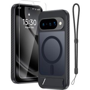 RMOCR Magnetic Case for Google Pixel 10 & Pixel10 Pro with Screen Protector+Lanyard Wrist Strap+Invisible Kickstand[Compatible with Pixelsnap & MagSafe],Translucent Matte Slim Phone Cover,Black