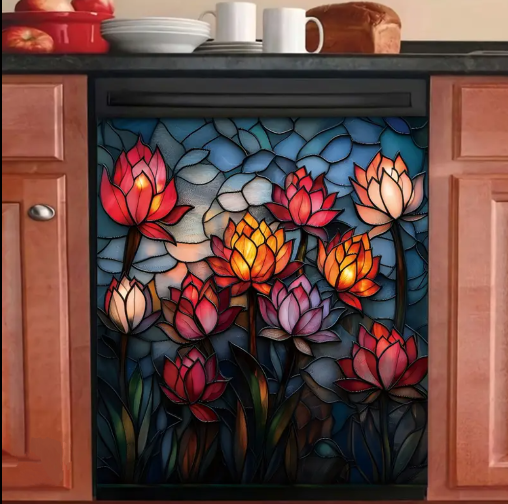 vibrant lotus flower magnetic dishwasher door cover sticker, 23.03" x 25.59"
