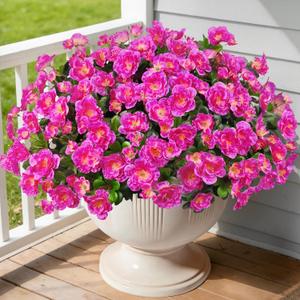 Ouddy Decor 4 Bundles Artificial Flowers for Outdoors, Fake Silk Camellia Flowers Bouquet Realistic UV Resistant Fake Plants for Garden Porch Planter Spring Summer Indoor Outdoor Home Decor, Fuchsia