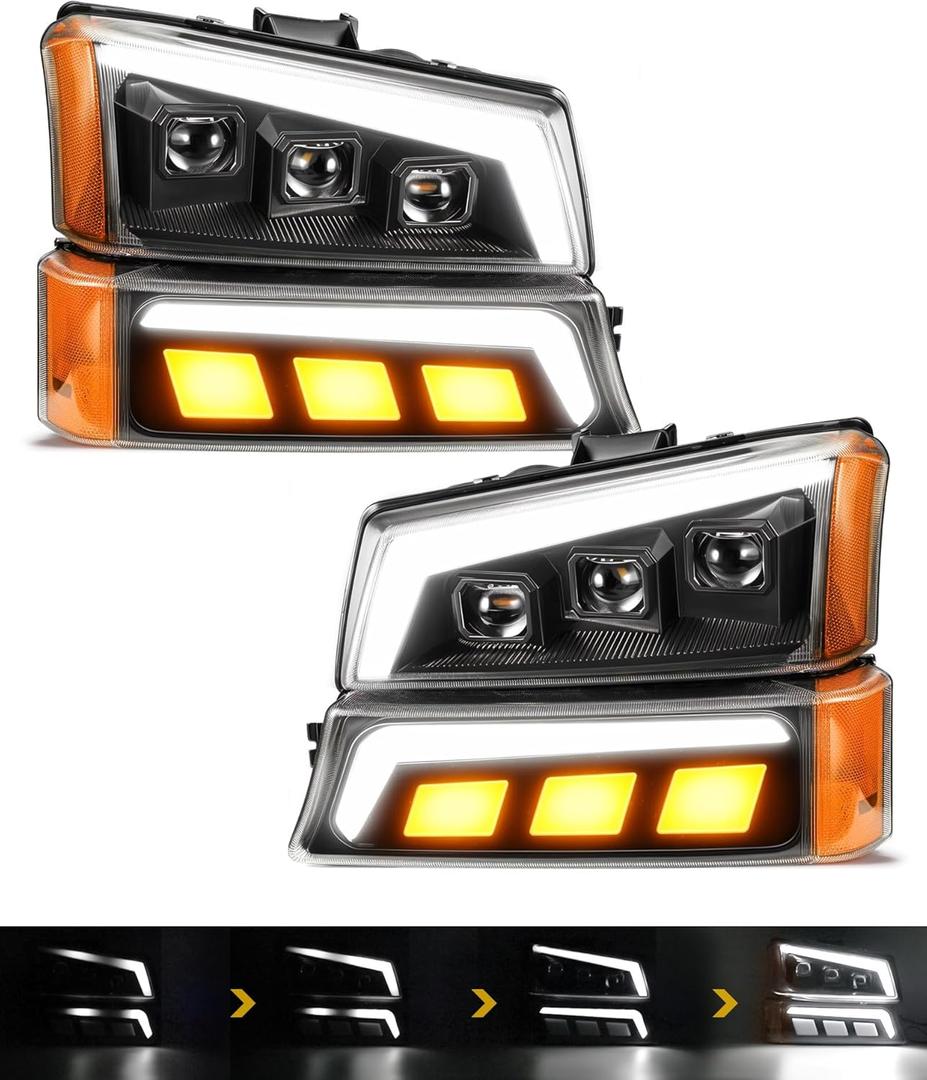Set of 2 Partsam LED Headlights Assembly DOT Approved with Start-up Light DRL Sequential Turn Signal Hi/Low Sealed Beam Side Marker Lights Replacement for Silverado Avalanche 2003-2006