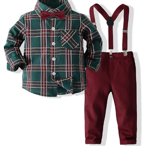 Kimocat Toddler Boy Clothing Sets Plaid Shirt Bowtie and Suspender Strap Pants Outfits (12-18 Months)