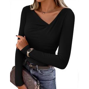 ZESICA Women's Long Sleeve Asymmetrical Neck T Shirts 2026 Spring Fall Fashion Outfits Ruched Slim Fit Blouses Going Out Tops, Small (Black)