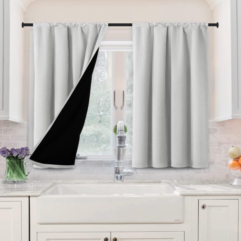 H.VERSAILTEX 100% Blackout Curtains for Bedroom Short Curtain Half 2 Panels Window Curtains for Kitchen, Privacy Energy Saving Curtain Tiers for Bathroom Shades, W 42 x L 36 inch, Greyish White