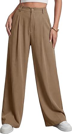 Rooscier Women's Work Dress Pants Wide Leg High Elastic Waisted Formal Business Trousers Long Straight Suit Pants Brown Small
