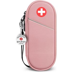 SITHON EpiPen Medical Carrying Case Insulated with Medical Alert Tag, Travel Medication Organizer Bag Pouch Holds 2 EpiPens, Asthma Inhaler, Anti-Histamine, Auvi-Q, Allergy Medicine Essentials (Pink)