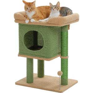 PAWZ Road Cat Tree for Indoor Cats, 26 Inches Cactus Cat Tower with Large Perch, Private Condo, Small Cat Condo with Spring Ball & 2 Scratching Posts for Cats