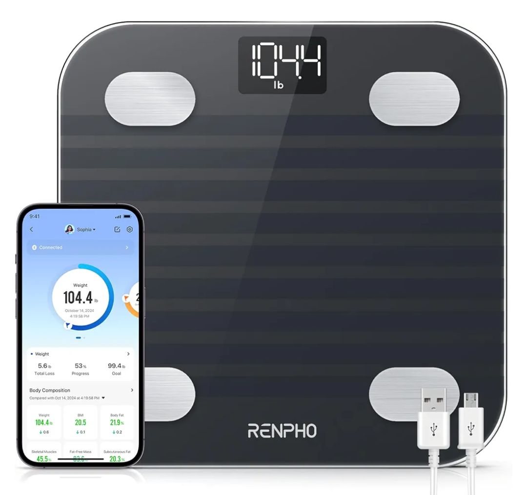 RENPHO Rechargeable Smart Scale for Body Weight, Electronic 13 Body Composition Monitors sync with App, Bluetooth Digital Bathroom Scales, Elis 1, Black, 396 lbs