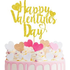 Happy Valentines Day Cake Topper: Glitter Gold Valentines Cake Topper for Valentine Day Cake Decorations