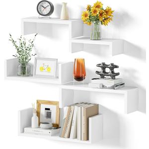 SRIWATANA Floating Shelves for Wall, Wall Shelves for Bathroom, Bedroom, Living Room, Kitchen, Office, Wood Shelves for Home Decor Set of 5 (Washed White)