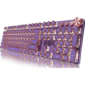EWEADN Typewriter Style Mechanical Gaming Keyboard, Wired Mechanical Keyboards,104 Keys Backlit LED Keyboards, Media Control Knob, Wired Computer Keyboard Pink Switch for Windows/Mac/PC-Purple