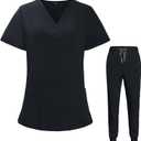 VIAOLI Scrubs for Women Set V-Neck Pocket Top & Drawstring Jogger Scrub Pants Black, Large