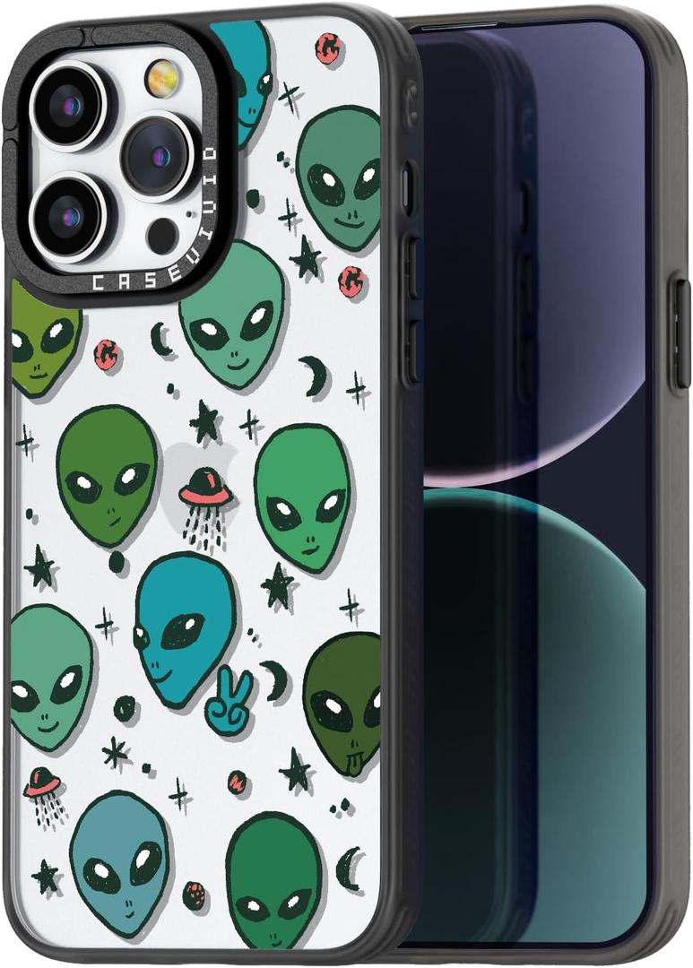 Compatible for iPhone 14 Pro Max Case Cute Aesthetic - Durable Fashion Funny Phone Case - Alien Pattern Print Soft Shockproof Cover 6.7" Black