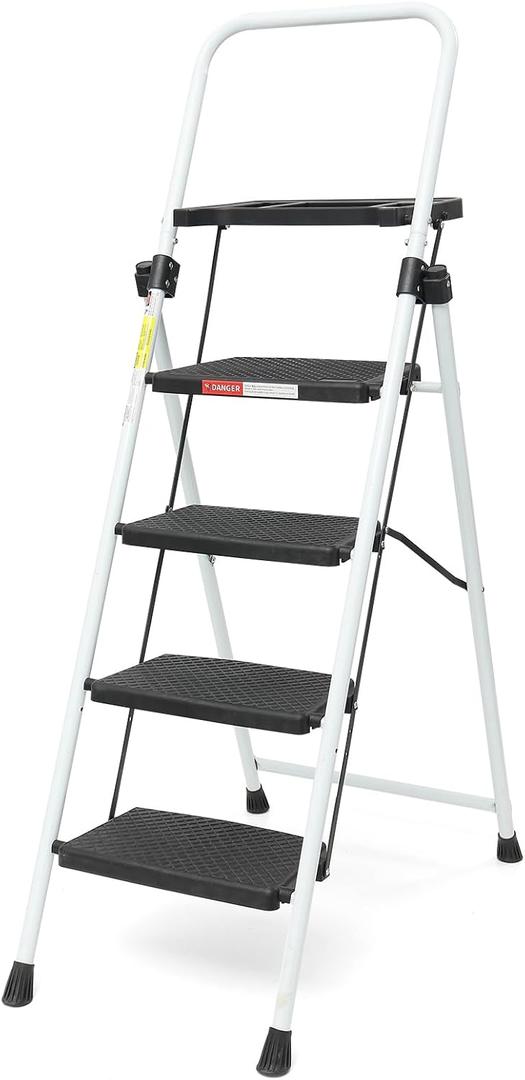 4 Step Ladder, Folding Step Stool with Tool Platform and Anti-Slip Pedal, Sturdy Steel Ladder,Lightweight, Perfect for Home and Kitchen, White