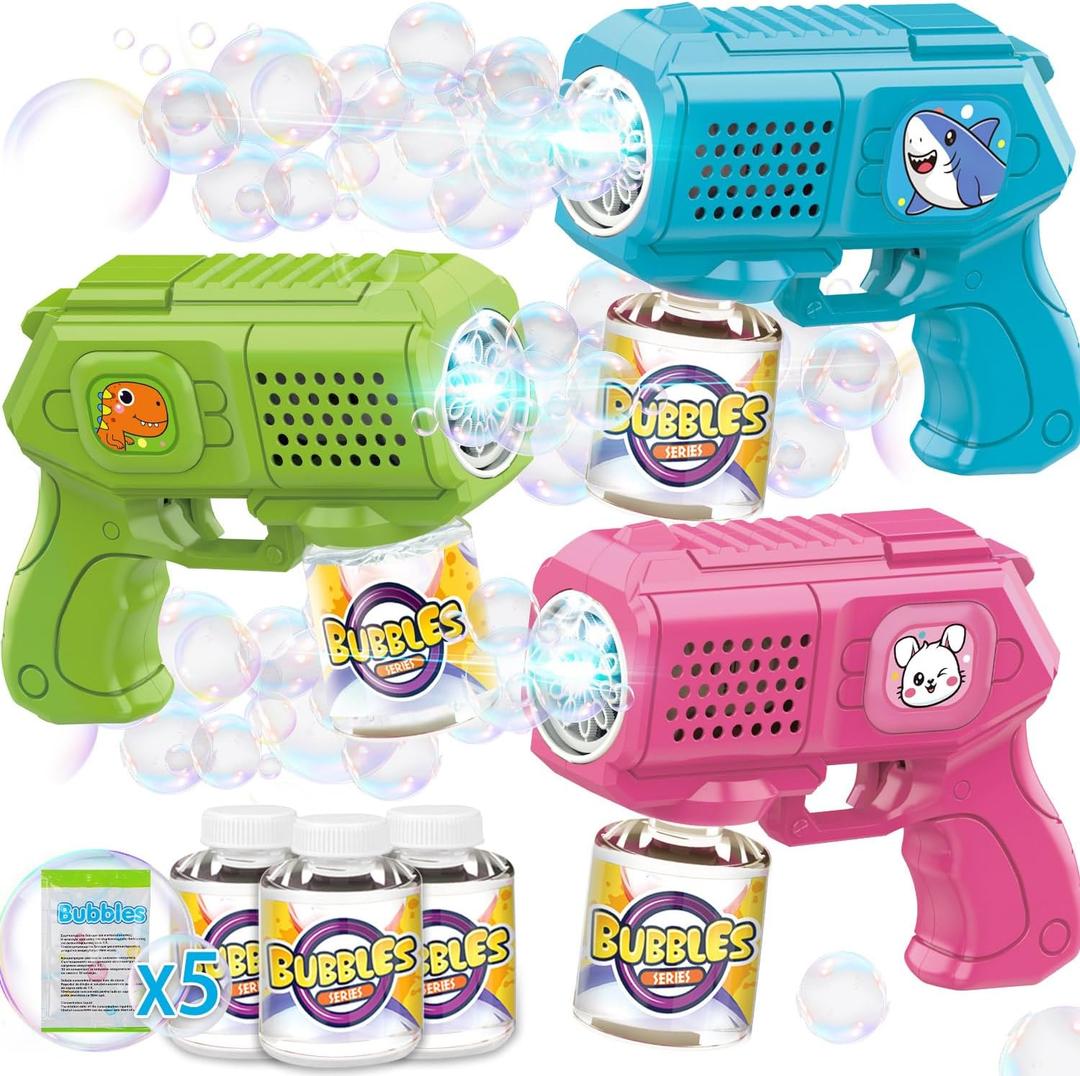 Bubble Guns with Bubble Solution- 3 Pack, Bubbles Gun, Blaster, Blower, Maker, Machine for Boys Girls, Birthday Gifts for Ages 3 4 5 6 7 8 Year Old Kid, Outdoor Toys for Toddlers, Party, Wedding (Blue+green+pink)
