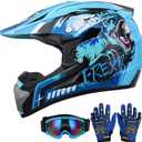 OUMURS Youth Dirt Bike Helmet DOT Approved, Kids Full Face Motocross Helmet | 5-in-1 with Goggles,Gloves,Storage Bag,Exclusive Design,Ultra-Light, Washable Liner,ATV UTV BMX MX Off-Road Racing, Medium, Dino Blue