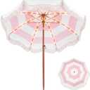 Fringe Patio Umbrella with Solar Powered String Lights, Boho Patio Umbrella for Outdoor, Garden, Deck, Pool, Push Button Tilt Pole