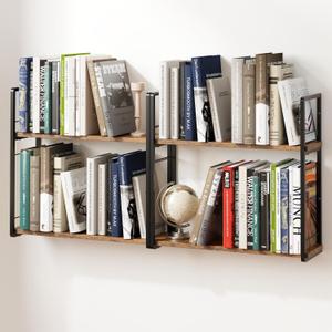 2-Layer Wall Bookshelf for Book Storage, Floating Book Shelves for Wall, Space Saver, 16in Stud Hanging Books helf, Bedside Shelf for Living Room Bedroom Office, 2 Packs-Dark Brown