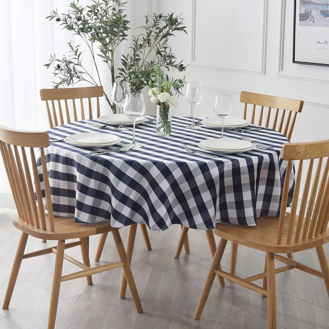 maxmill Round Checkered Tablecloth Spillproof Wrinkle Free Heavy Weight Gingham Table Cloth for Circular Table Cover Buffalo Plaid for Buffet Banquet Parties Holiday Dinner 70 Inch Navy and White