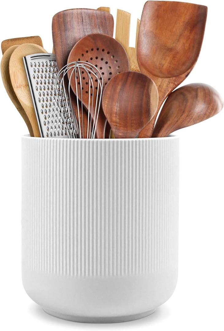 RedCall Kitchen Utensils Holder Large,Ceramic Utensil Organizer for Countertop,Morden Utensil Crock for Spoon Spatula,Home Kitchen Decor (White)