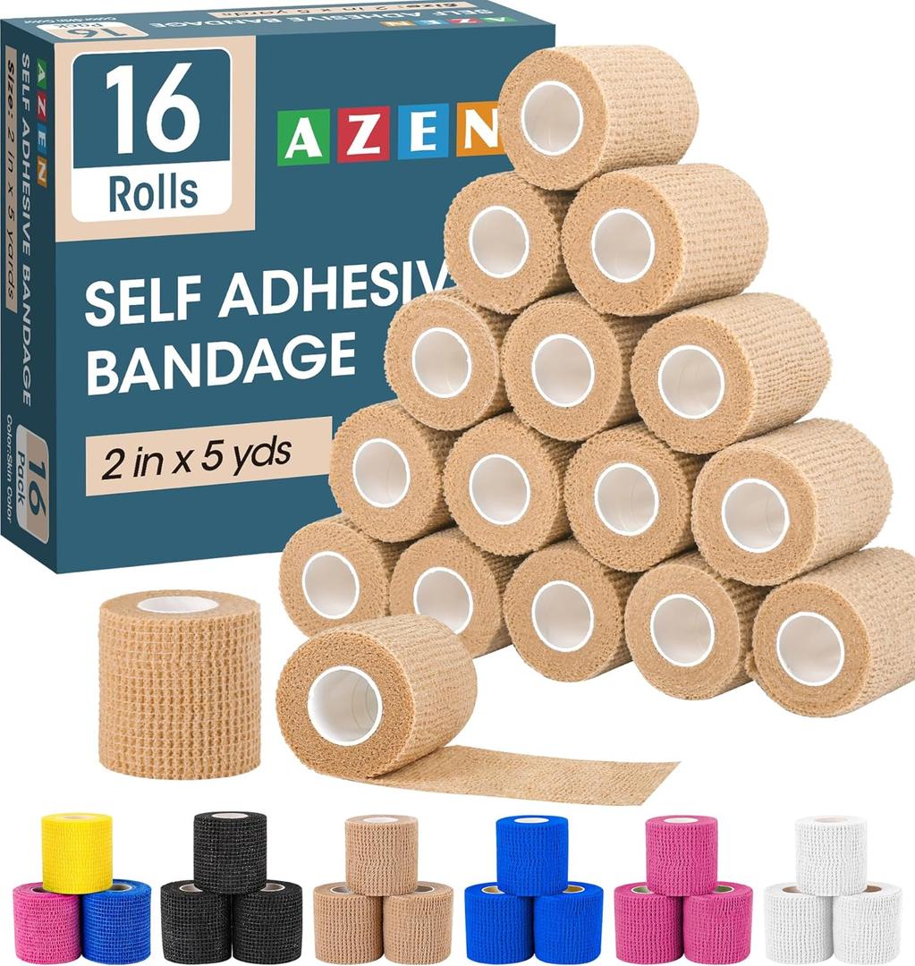 AZEN 16 Pack Self Adhesive Bandage Wrap, 2" X 5 Yards Elastic Cohesive Bandage Wrap, Skin Color Athletic Tape, Vet Wrap, Ankle Tape, Tattoo Grip Tape Wrap (Beige)