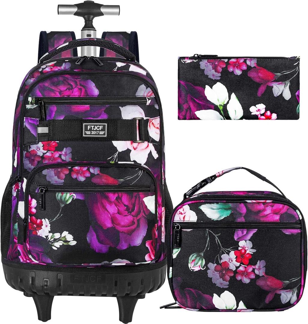 3Pcs Rolling Backpack for Girls Women, Travel Roller Backpacks with Wheels for Adults, Teens College Rose Wheeled Bookbag with Lunch Box (Black) 3Pcs Rolling Backpack for Girls Women, Travel Roller Backpacks with Wheels for Adults, Teens College Rose Wheeled Bookbag with Lunch Box (Black)