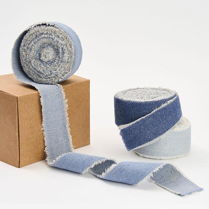 Pretty Jolly Blue Denim Ribbon for Crafts Handmade Rustic Frayed Cotton Jean Fabric Ribbon for Flower Bouquet 15 Yards 1 1/2 Inch Cloth Ribbons for Gift Wrapping Hair Sewing Accessories Holiday Decor